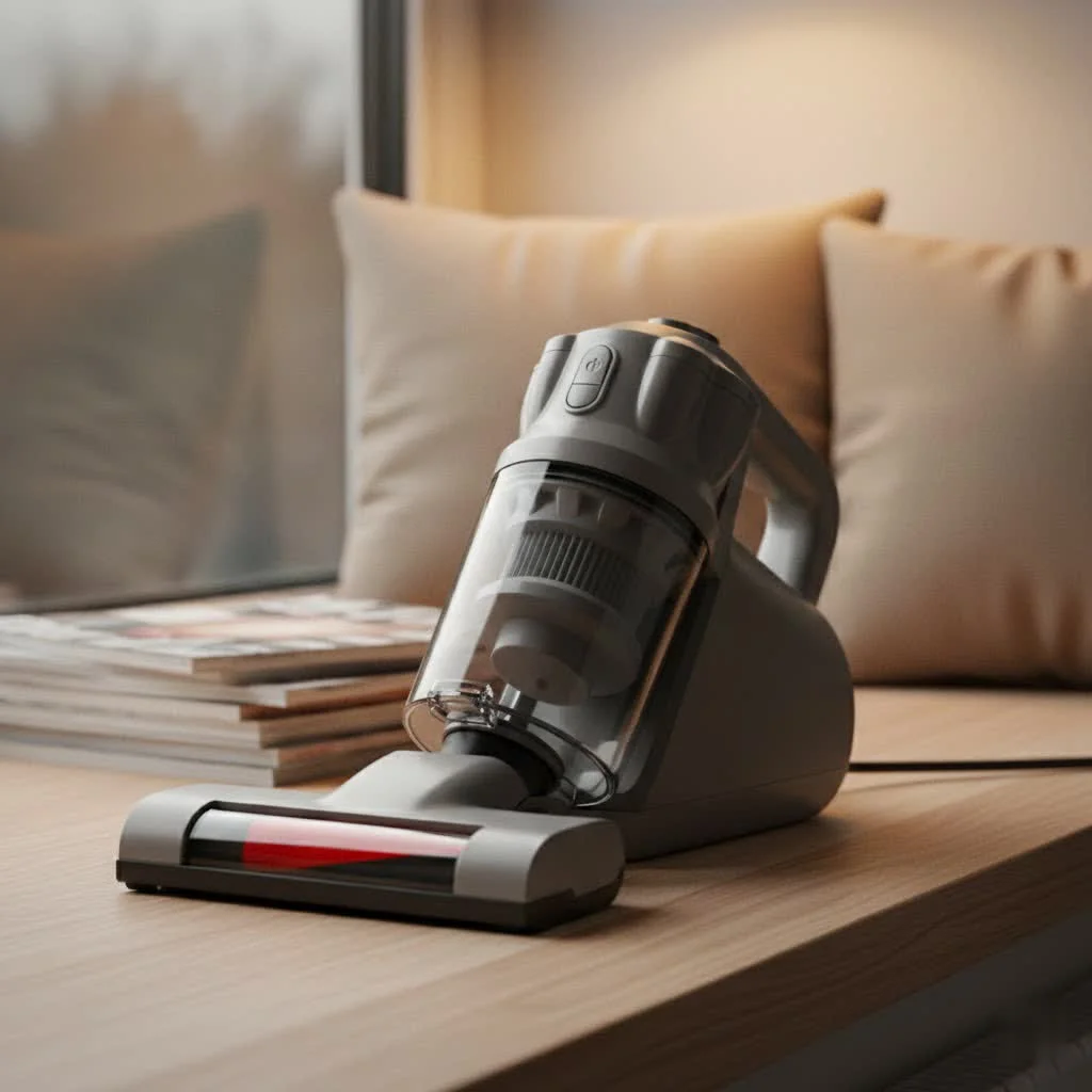 Portable handheld vacuum cleaning crumbs on a kitchen counter