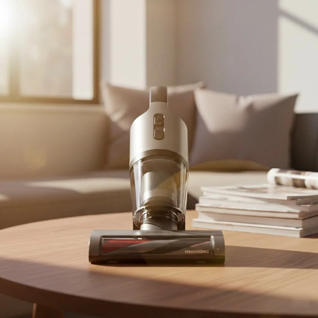Person using a handheld vacuum to clean car interior