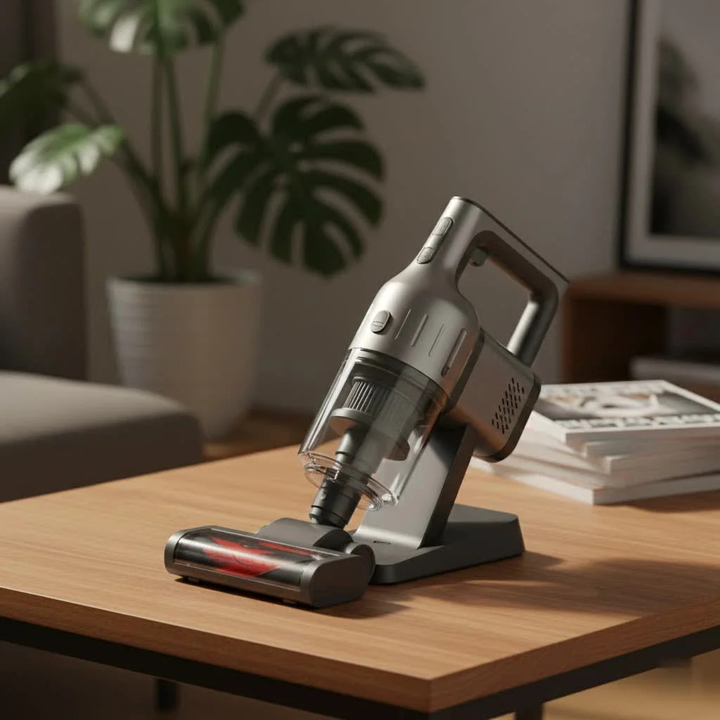 Handheld vacuum cleaner removing pet hair from upholstery